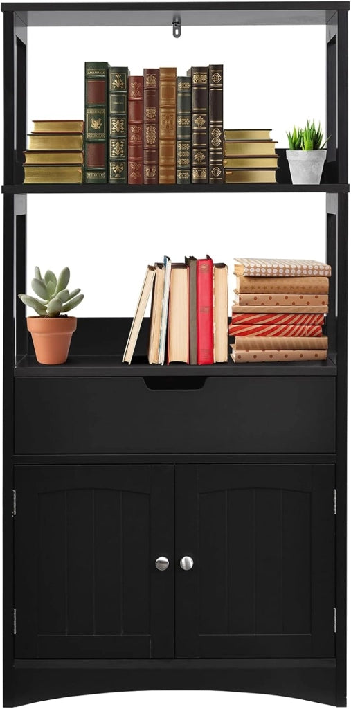 Mobile da bagno con ripiano a 3 livelli e cassetto, armadio su piedistallo per bagno, dispositivo antiribaltamento, mobiletto portaoggetti 60 x 32,5 x 122 cm (nero)