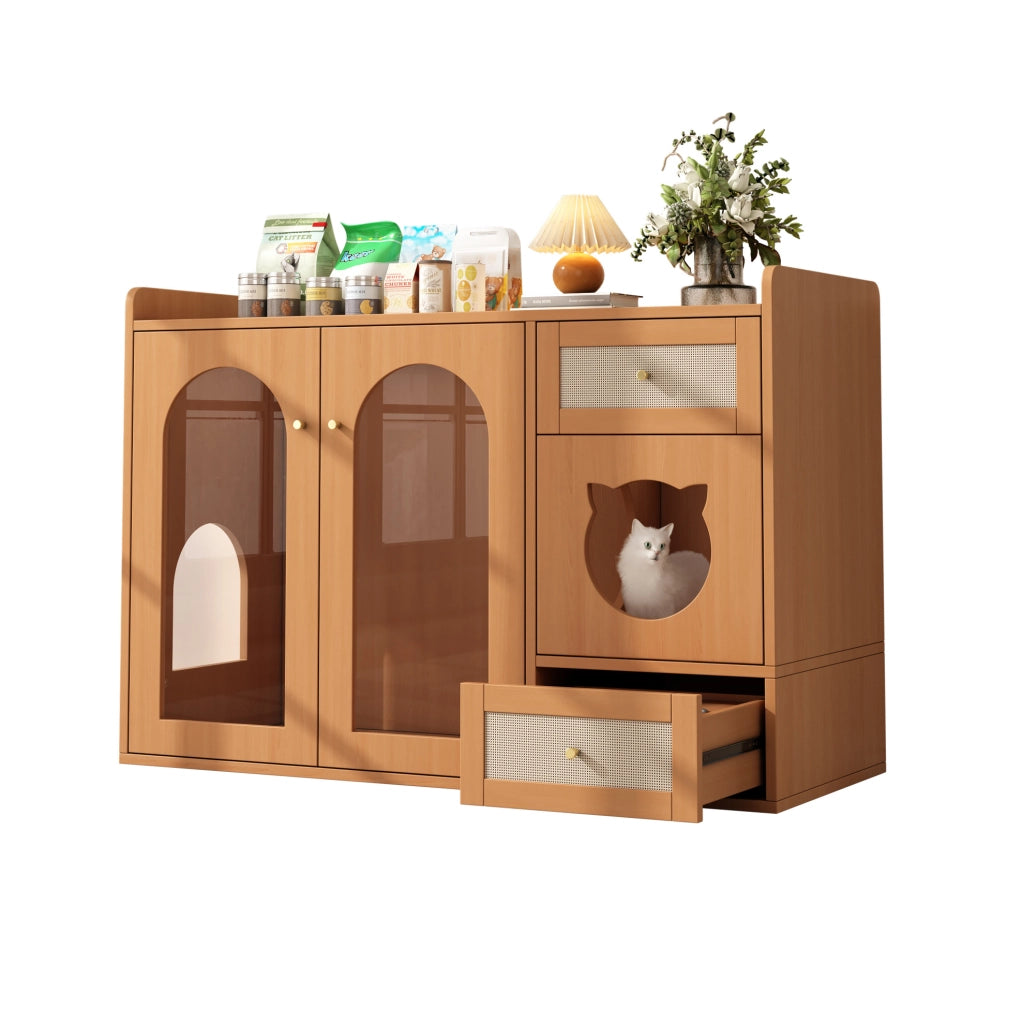 Mobile lettiera per gatti 120x45x83 cm con zona nascosta; vano riposo e ciotole in MDF e vetro; noce