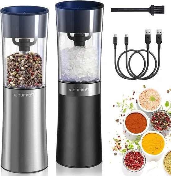 Set di Molitoria Sale e Pepe Elettrico - Automatico Ricaricabile - Finitura Regolabile - Contenitore Lavabile 100 ml - LED - Pacchetto da 2