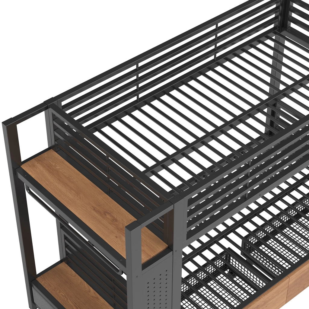 Letto a castello 90 × 200 cm con 4 cassetti, barra appendiabiti e luce LED, senza materasso, in metallo e MDF, nero