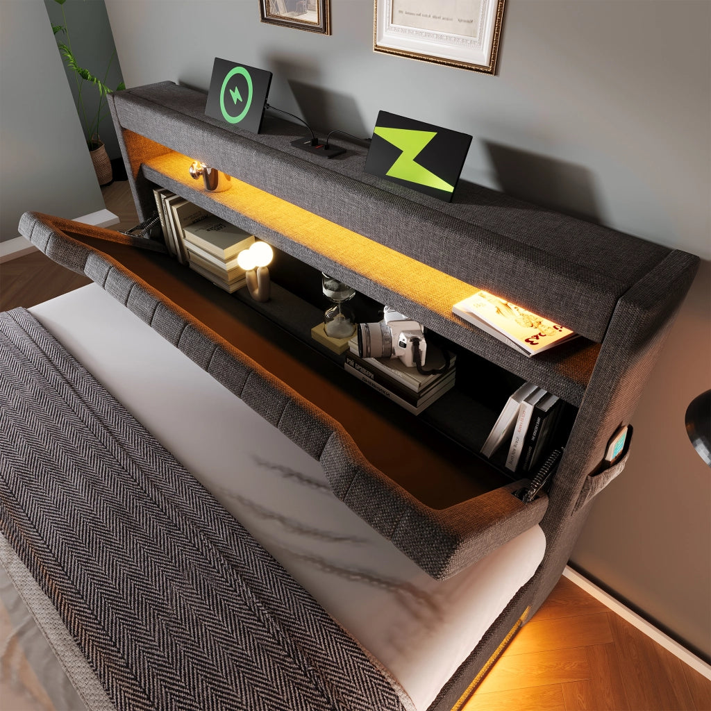 Letto imbottito matrimoniale 160x200 cm con LED, USB e Type-C, vano contenitore idraulico, grigio
