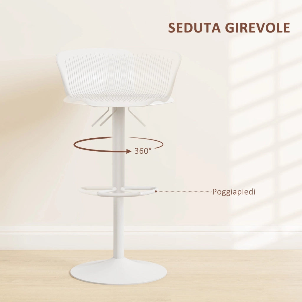 Set 2 Sgabelli da Bar con Schienale Altezza Regolabile 76,5-97,5 cm in PP Bianco