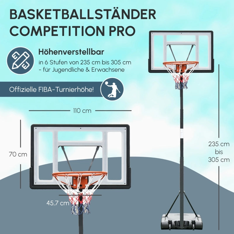 Canestro da basket da esterno con supporto, altezza regolabile da 255 a 305 cm, supporto per canestro con ruote, supporto per tabellone da basket,