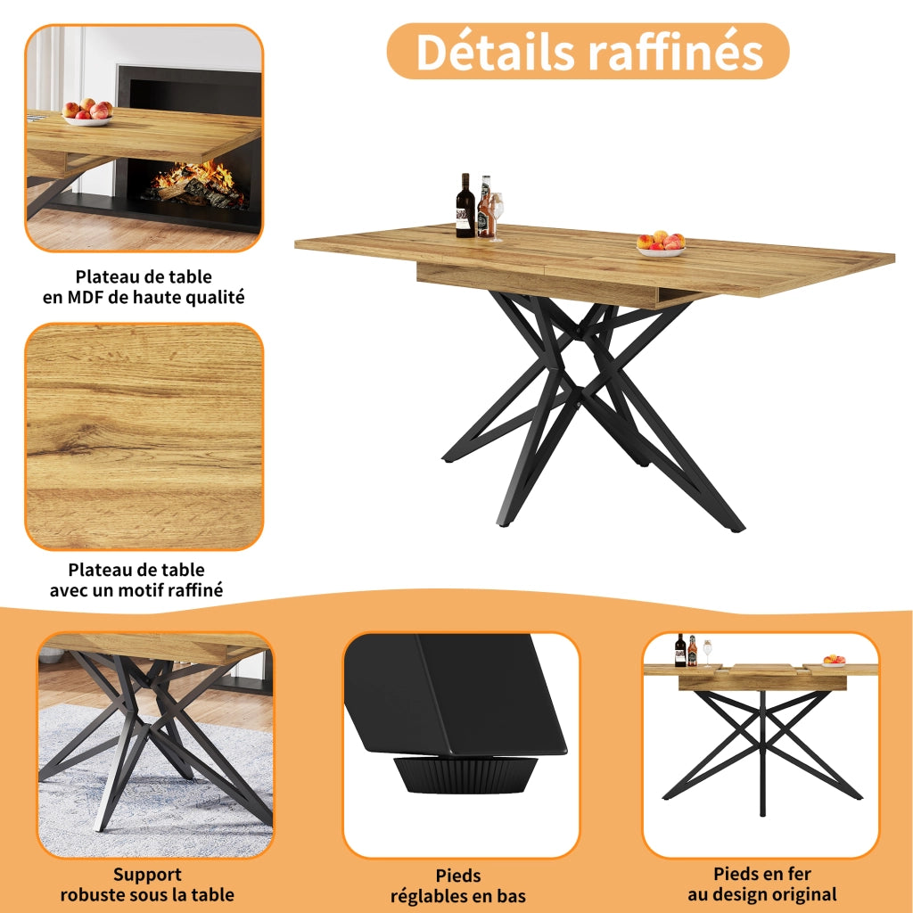 Tavolo da Pranzo per 6 a 8 Persone con Piano Allungabile e Gambe a Stella Regolabili in MDF e Metallo Noce