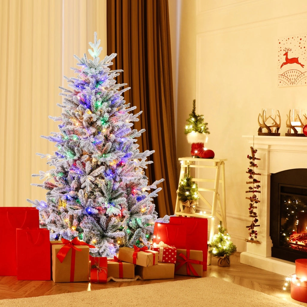 Albero di Natale artificiale rivestito di neve di 186cm, Albero decorativo con cerniera e 8 modalit¨¤ luminose