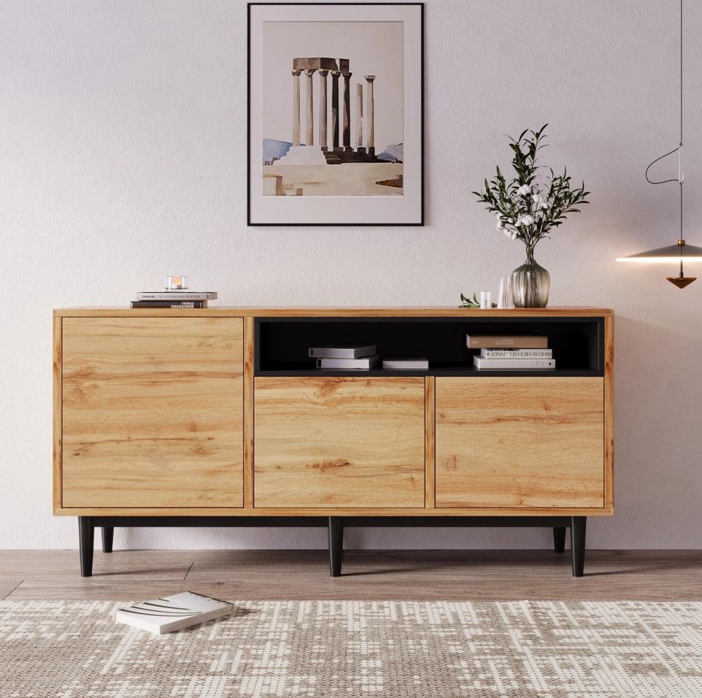 Credenza 160x35x76 cm con 3 ante e ripiani; MDF