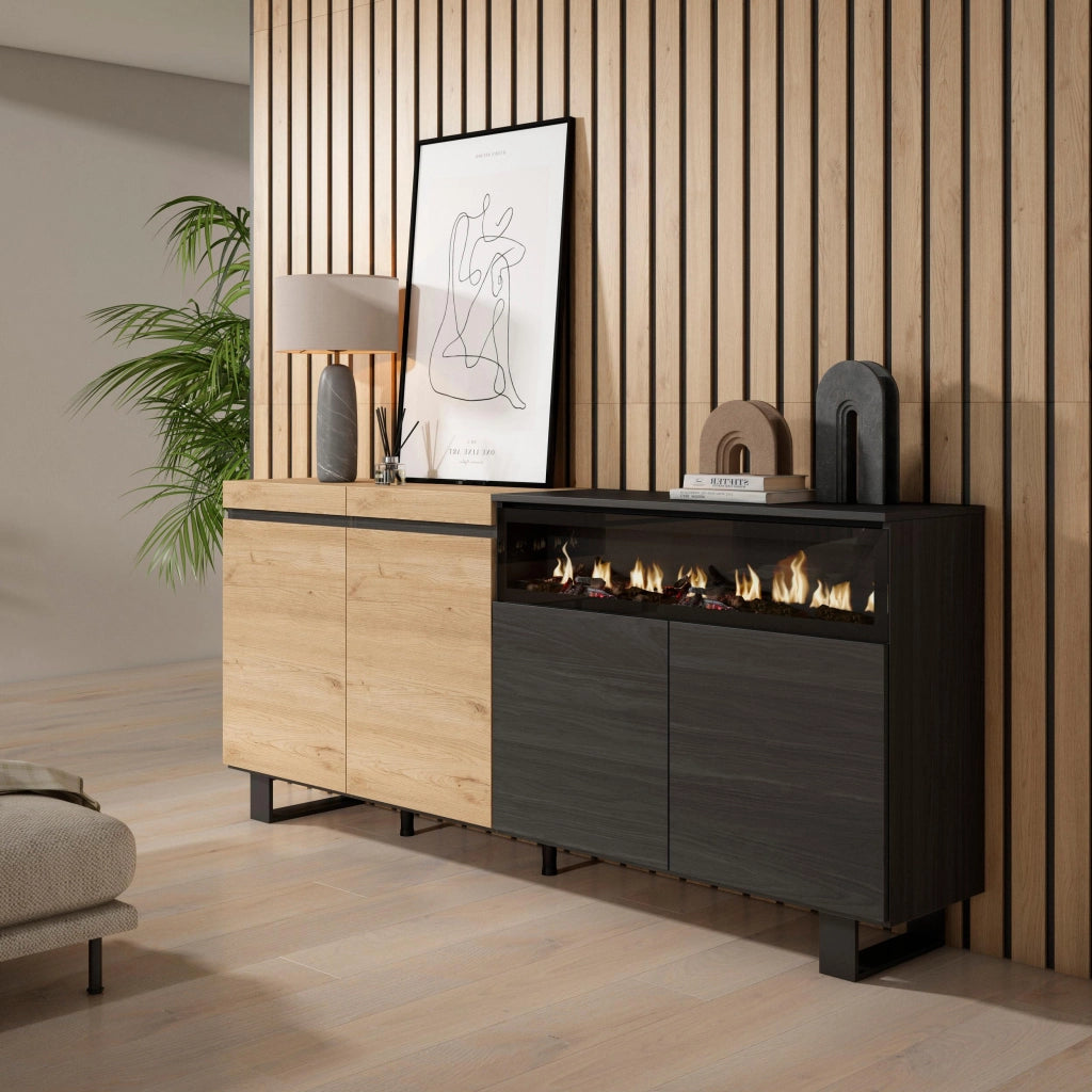 Credenza, Mobile, 200x35x87cm, 4 Porte, Camino elettrico, Design industriale, colore Rovere e nero RF2382