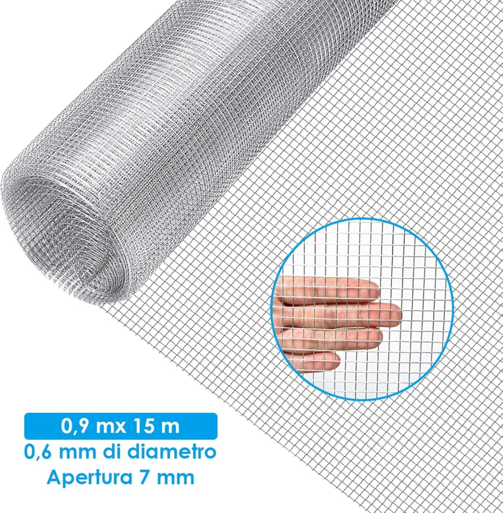 Rotolo di Rete Metallica Zincata, Rete da Pollaio Elettrosaldata Spessore 0,6 mm, Rotolo 15m (0,9 X 15M)