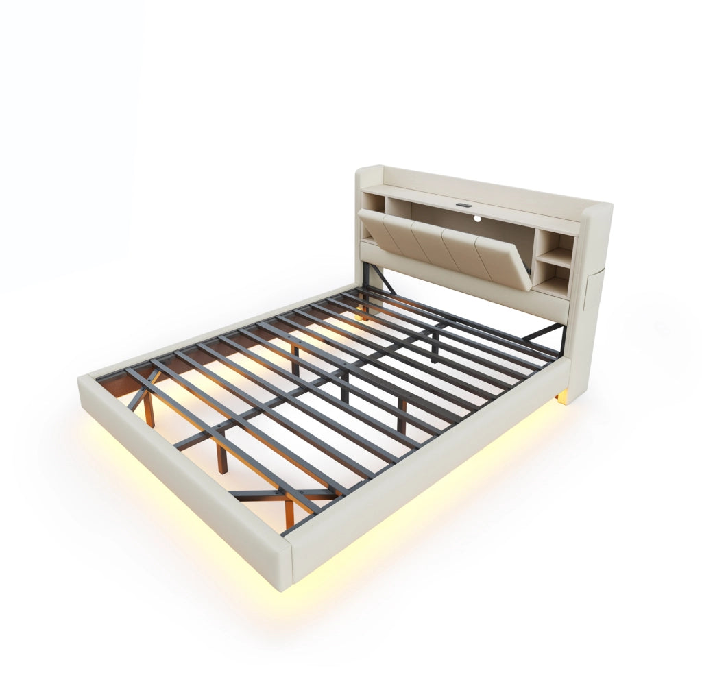 Letto matrimoniale imbottito 140x200 cm beige con LED; porta USB e contenitore nel testiera