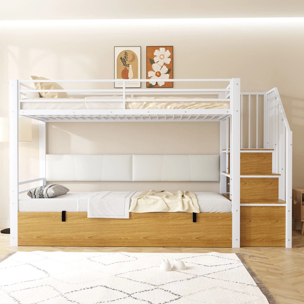 Letto a castello in ferro - Zephmum - 90x200 cm - Bianco - Schienale imbottito in PU, scala di sicurezza