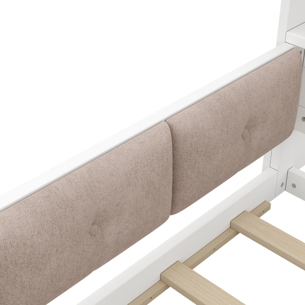 Letto per bambini 90 × 200 cm con testiera contenitore, luci LED, sponde di sicurezza, senza materasso, bianco
