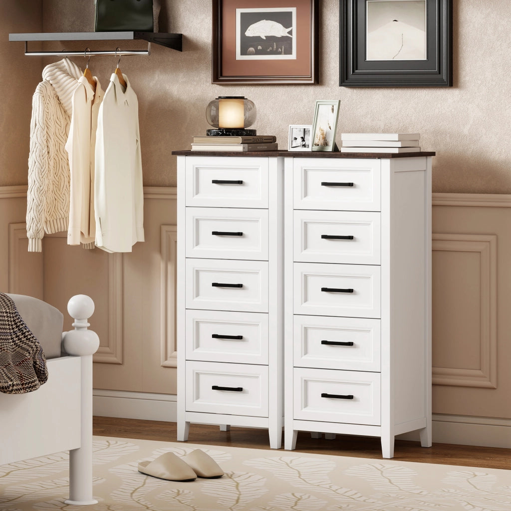 Cassettiera 45x35x106 cm con 5 Cassetti in MDF Bianco e Marrone
