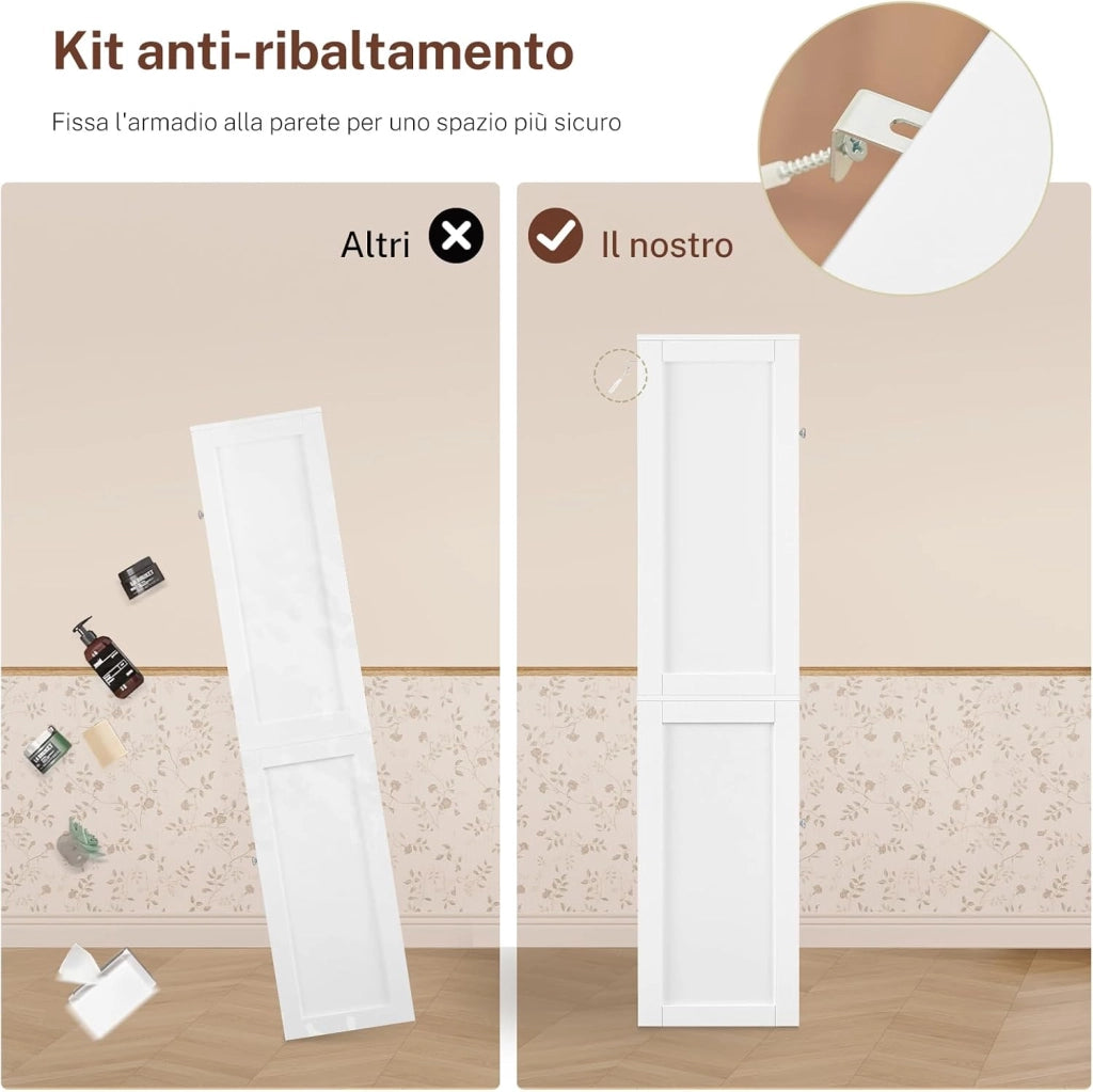 Mobile alto da bagno con 2 ripiani aperti, 2 cassetto, credenza multiuso, 60 x 30 x 147 cm, bianco