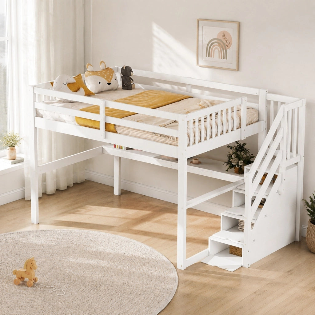 Hochbett 140x200 cm in legno di pino con scrivania e cassetti contenitore, bianco