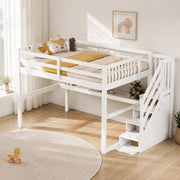 Hochbett 140x200 cm in legno di pino con scrivania e cassetti contenitore, bianco