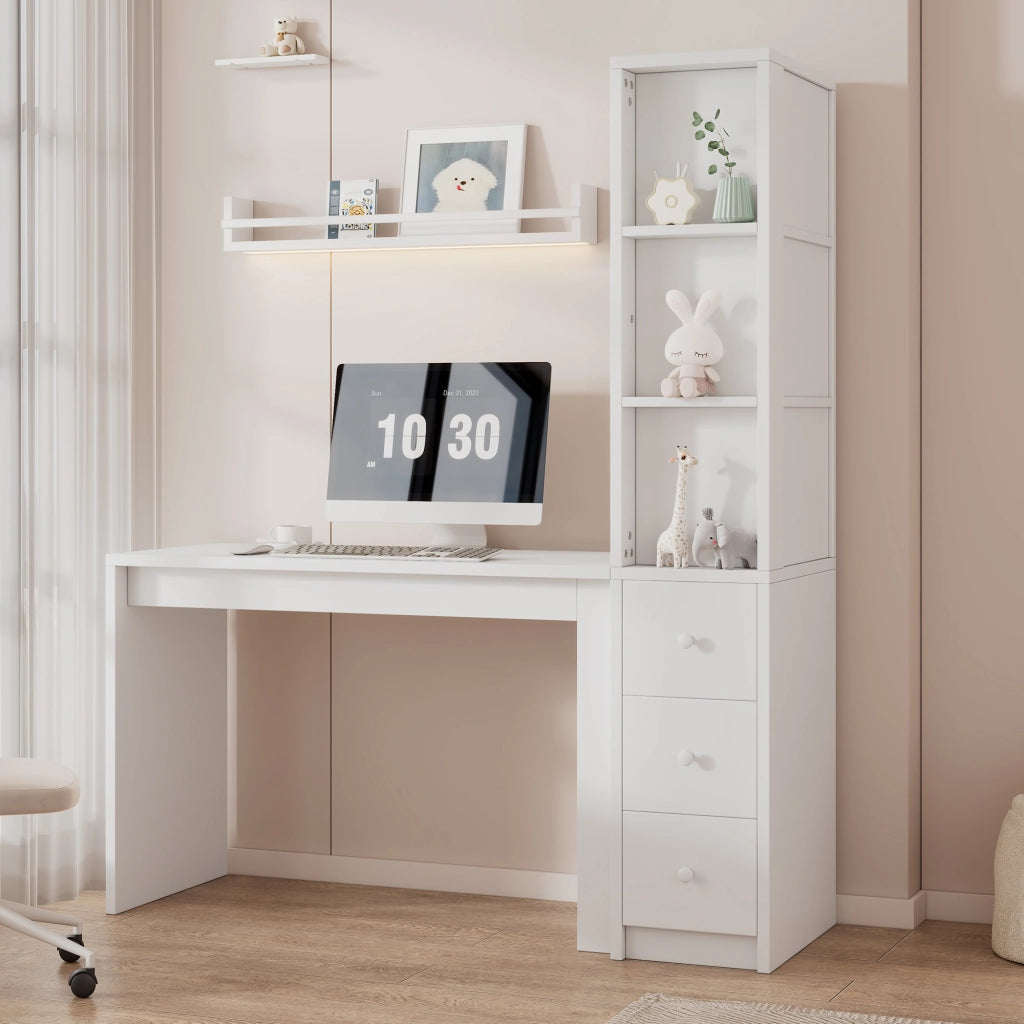 Scrivania bianca con libreria, 3 cassetti e vano laterale 150x50x180 cm