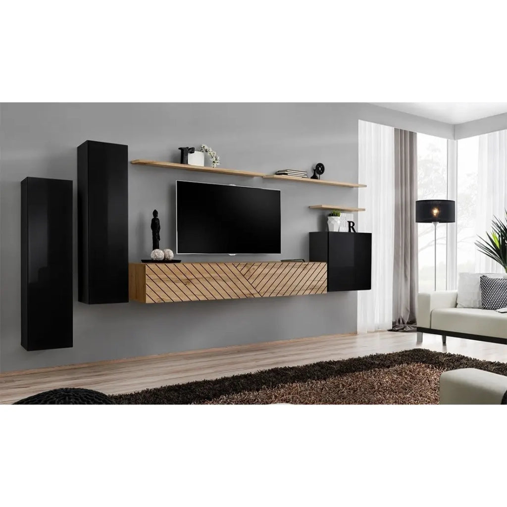 Insieme mobile soggiorno SWITCH I – Nero e Quercia Wotan – Finiture effetto quercia fresata – Design moderno
