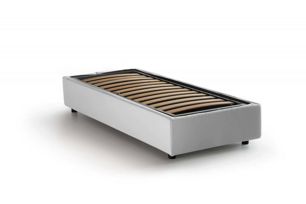 Letto singolo Acetico, Letto contenitore con rivestimento in tessuto, Made in Italy, Apertura frontale, adatto per materasso cm 90x200, Bianco