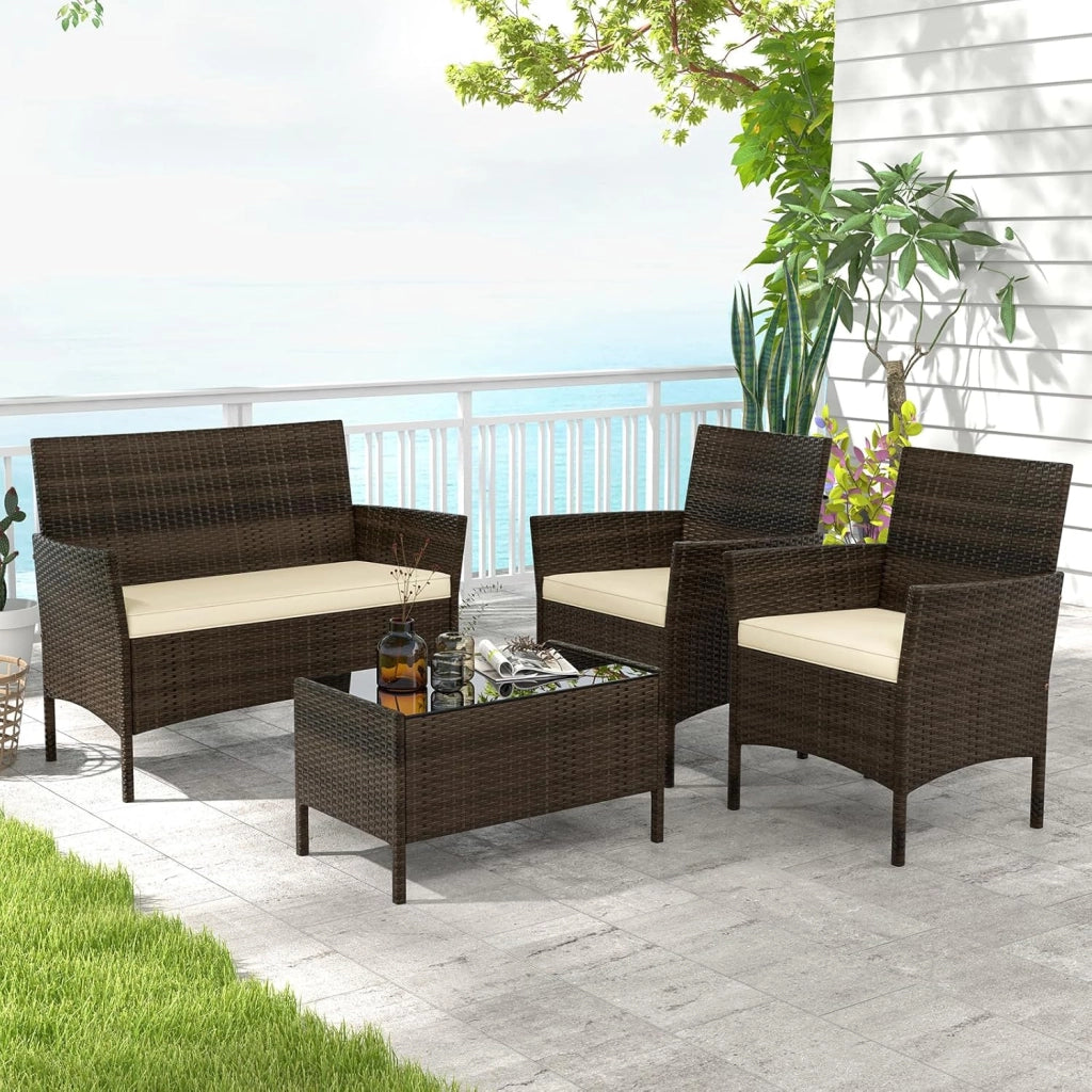 Salotto da Giardino Esterno 4 Pezzi, Set Giardino Esterno con Divanetto, 2 Poltrone e Tavolino da Caffè in Vetro Temperato, Salotto da Patio con Cuscini per Balcone, Veranda (Marrone+Beige)