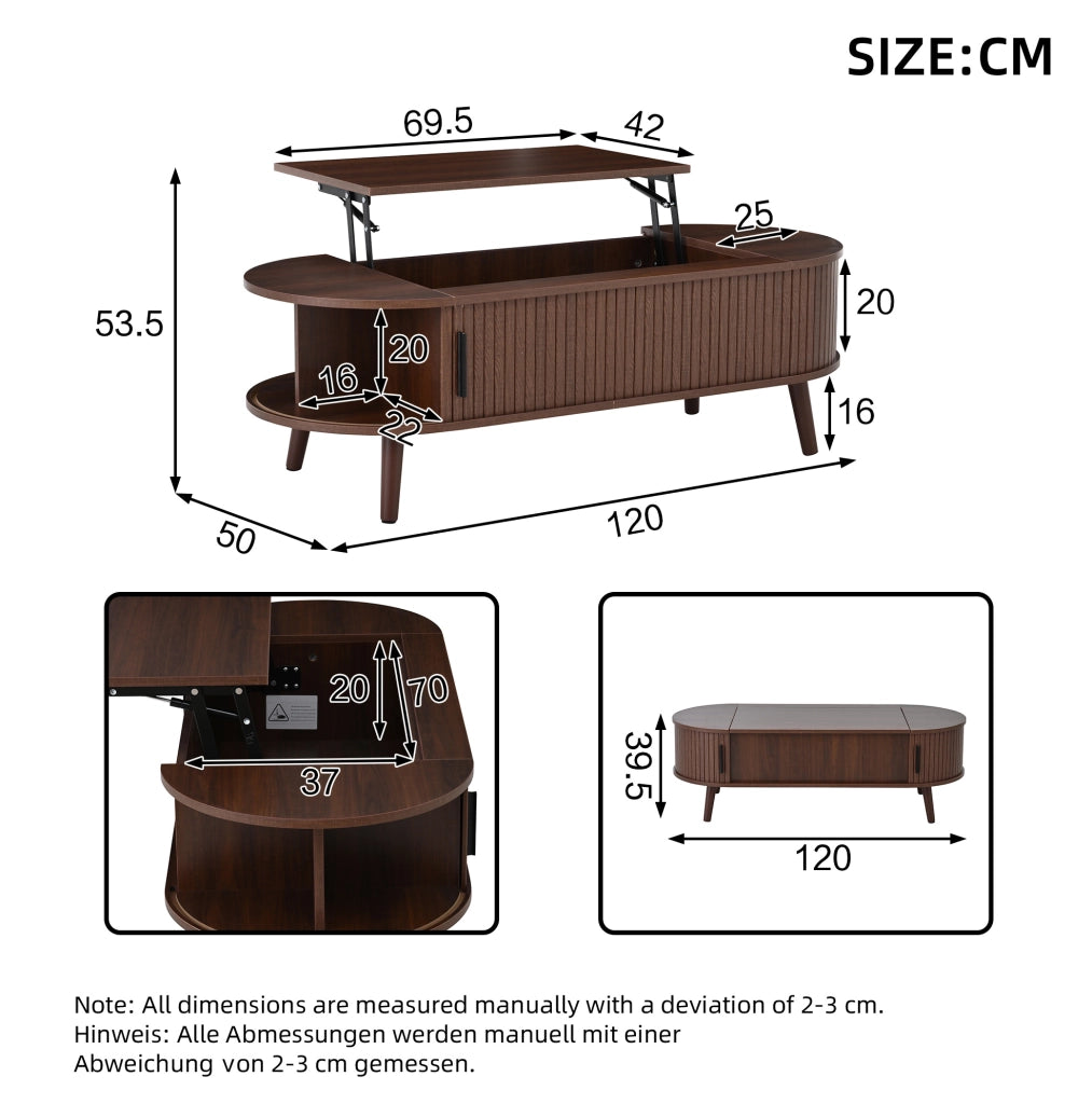 Tavolino da salotto sollevabile 120 x 50 x 39;5 cm in MDF; colore noce con vano portaoggetti