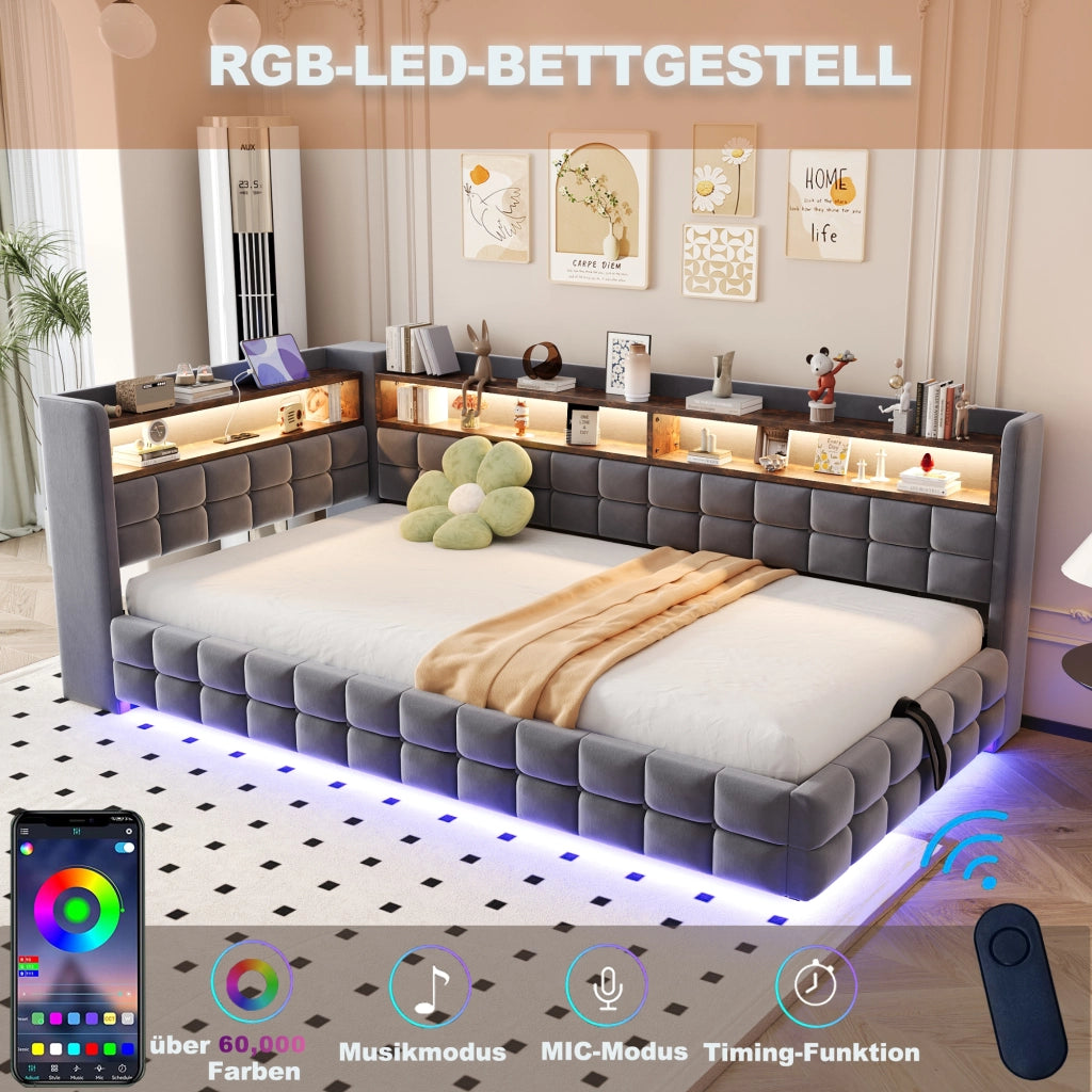 Divano letto multifunzionale in velluto grigio scuro 90x200 vano ripiano LED USB