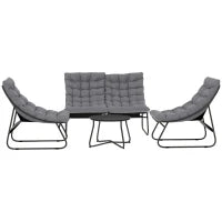 Set di Mobili da Giardino per 4 Persone con 2 Sedie, 1 Divano a Due Posti, 1 Tavolino con Piano in Vetro, Cuscini Spessi, Telaio in Acciaio, per Terrazza, Grigio