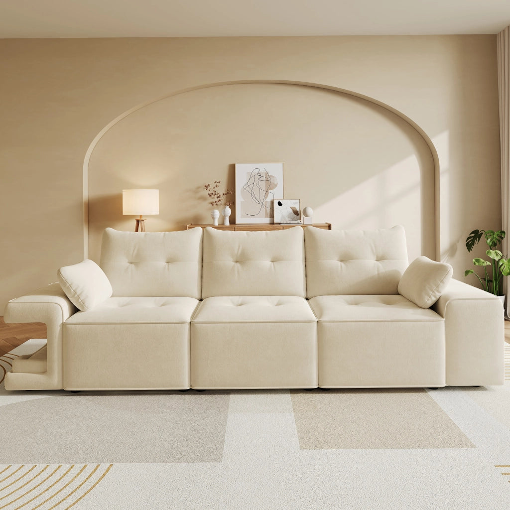 Divano 3 posti con nicchie laterali per animali e contenitori sotto seduta in velluto beige 229,5 × 78 × 84 cm