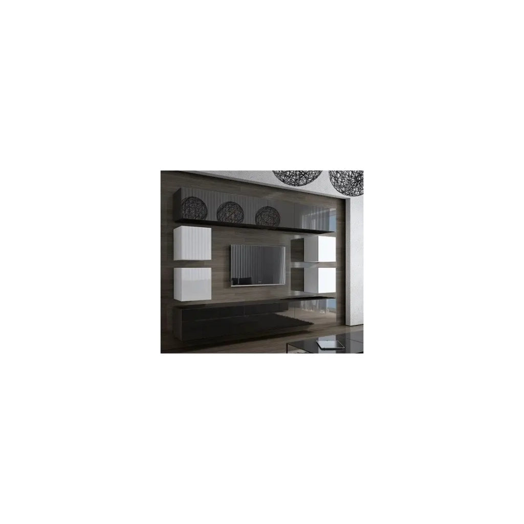 Set di mobili da soggiorno nero e bianco sospesi collezione CEPTO XVII 249cm, 10 pezzi, con LED, modulari.