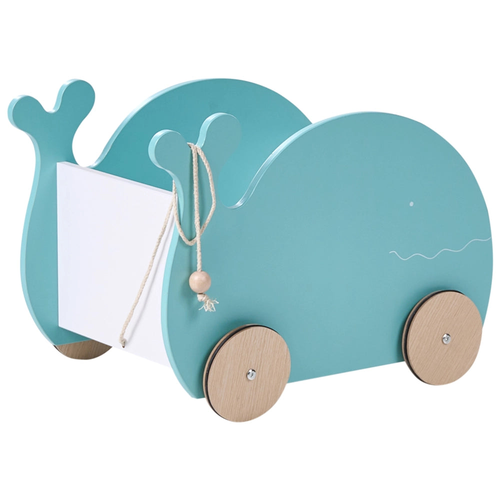 Contenitore giocattoli con ruote blu in MDF a forma di balena con maniglia per il trasporto Organizzazione contenitore giocattoli