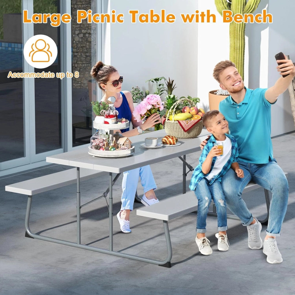 Set tavolo da picnic con panchine, set di mobili da giardino pieghevole per 8 persone con telaio in metallo piano in HDPE, 183 cm foro per ombrellone, grigio