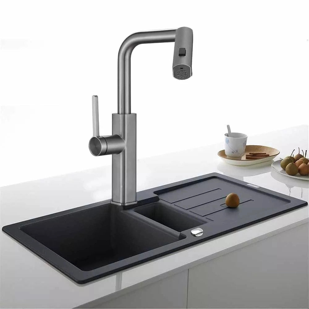 Trade Shop - Rubinetto Cucina Estraibile Con Erogatore Girevole 2 Getti Acciaio Satinato 87257 -