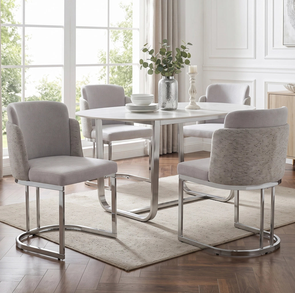 Set di 4 sedie da pranzo in ciniglia grigia con gambe in metallo argento
