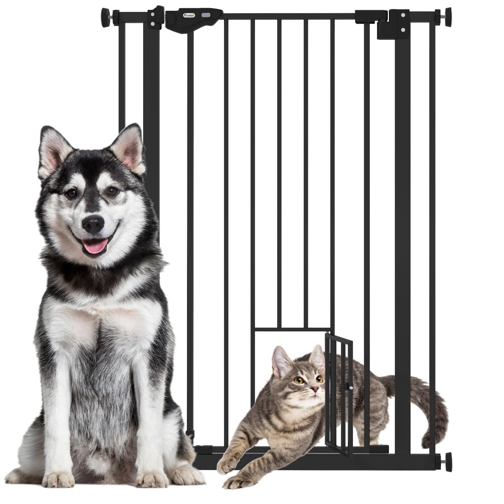 Cancellino per Cani Regolabile Alto con Porta Piccola e Chiusura Automatica, 74-80x104cm, Nero