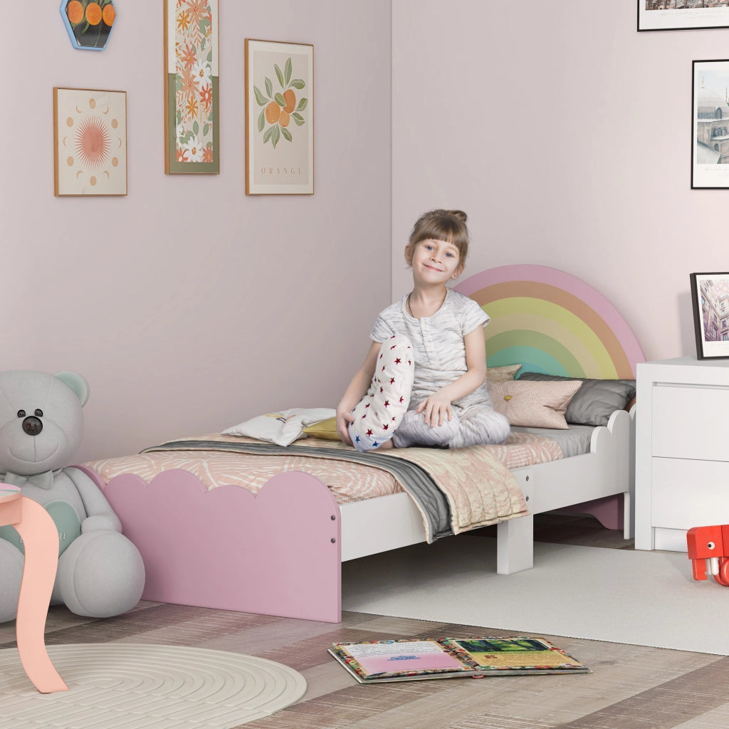 Letto per Bambini 3-6 anni con Testiera Arcobaleno e Rete a Doghe ¨C zephmum ¨C Rosa 143x74x66 cm