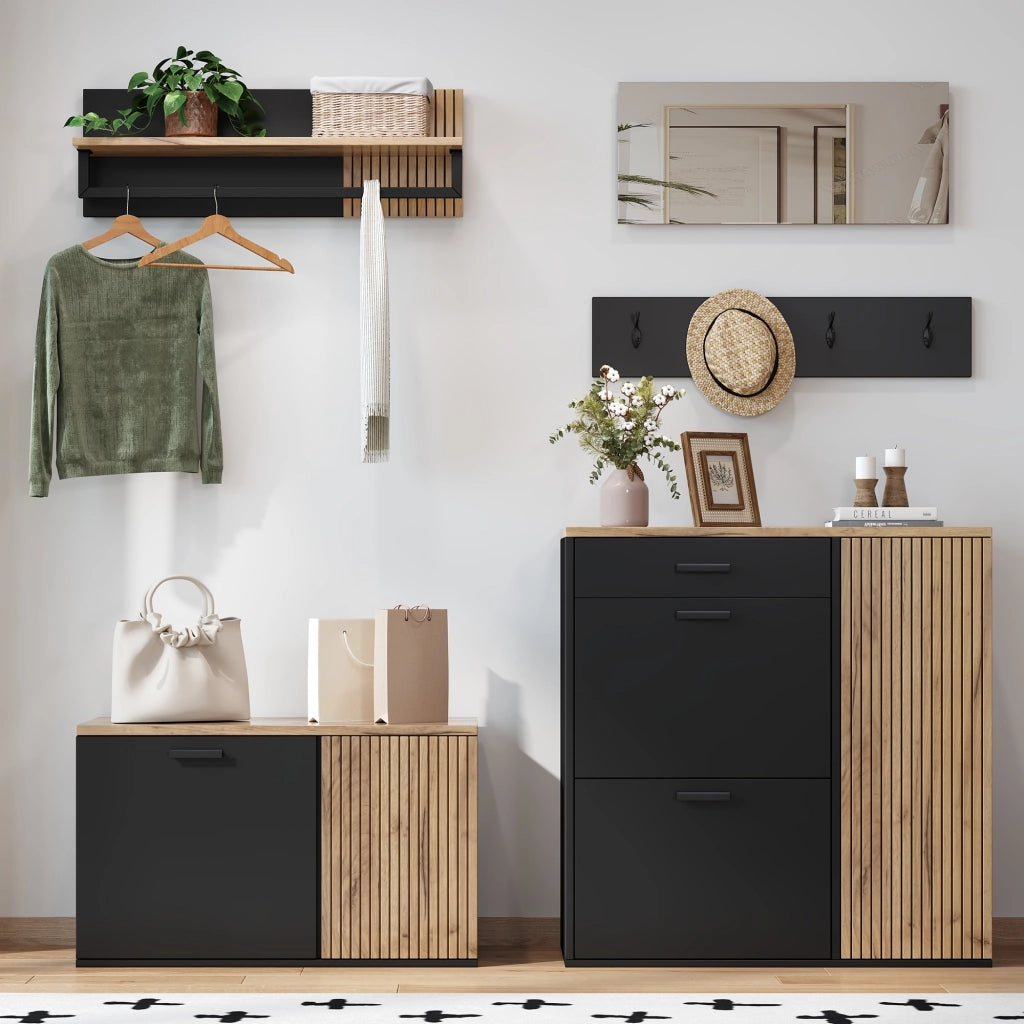 Mobili da ingresso set a 2 armadi con specchio 4 ganci e scarpiera ribaltabile in truciolare nero e naturale