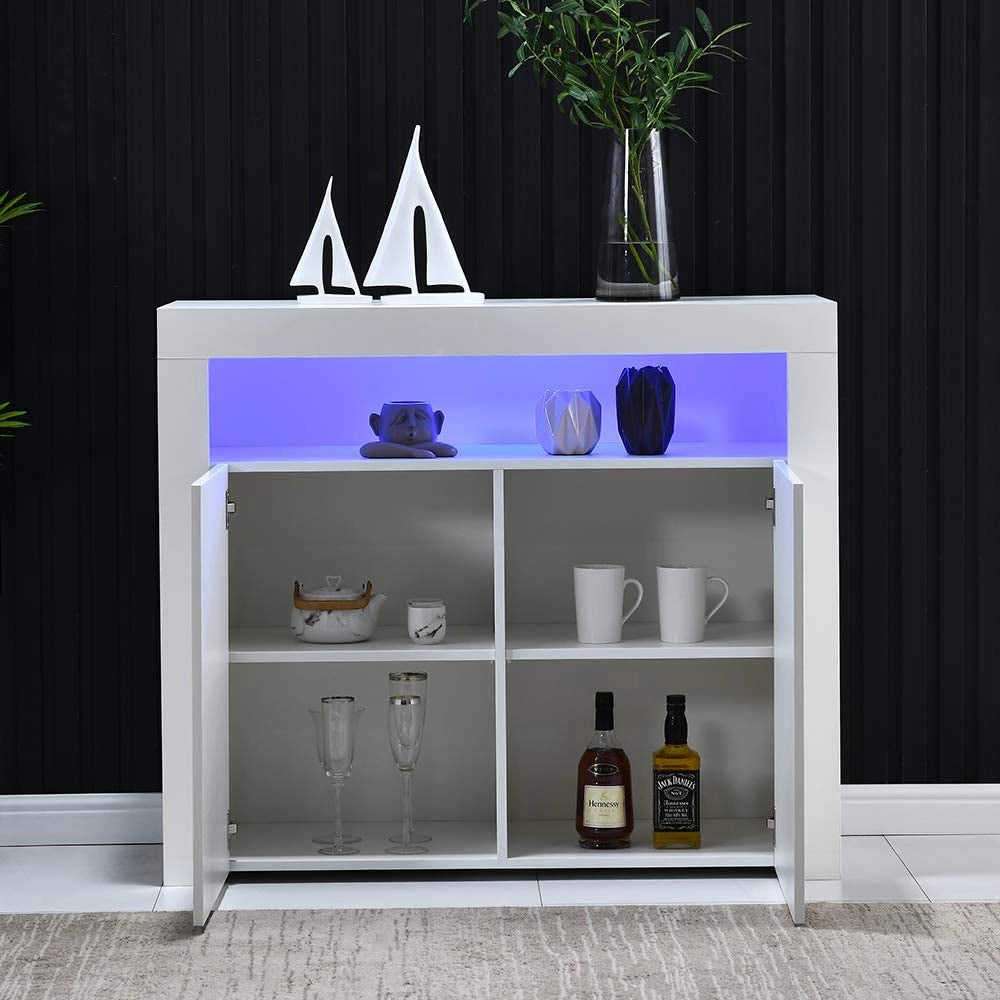 Credenza bianca con LED e 2 ante; 108 x 40 x 92 cm; con vano aperto