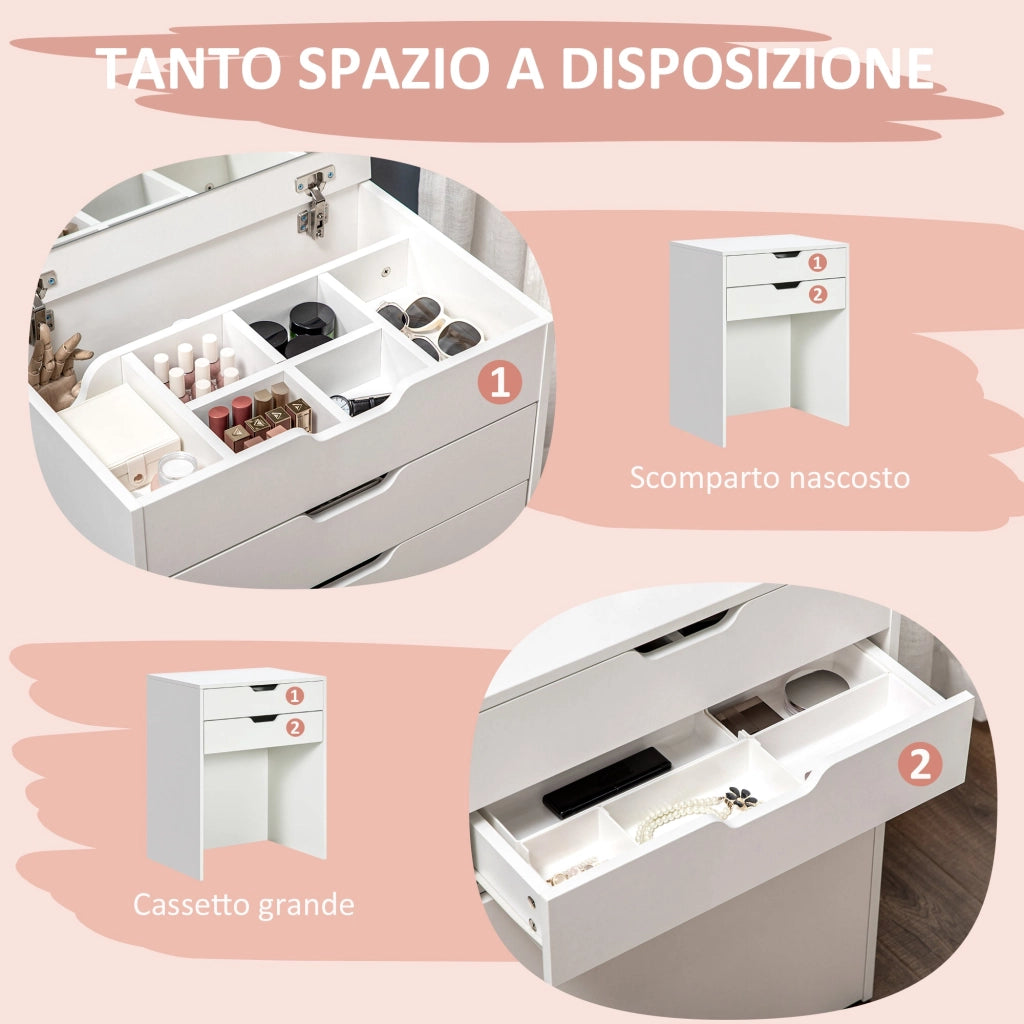 Consolle Trucco 60x40x114 cm con Specchio e Sgabello in Legno Bianco