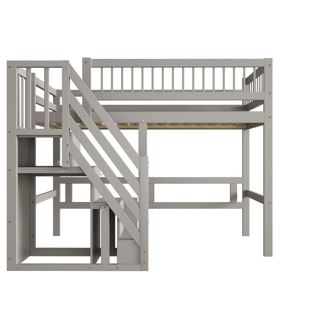 Letto singolo in legno massello grigio con scala contenitiva 90x200 cm