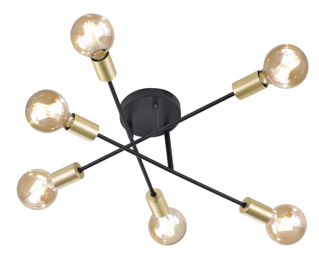 CROSS PLAFONIERA 3 BRACCIA ORIENTABILI 6 LUCI NERO OPACO E ORO D. 57CM ATTACCO E27