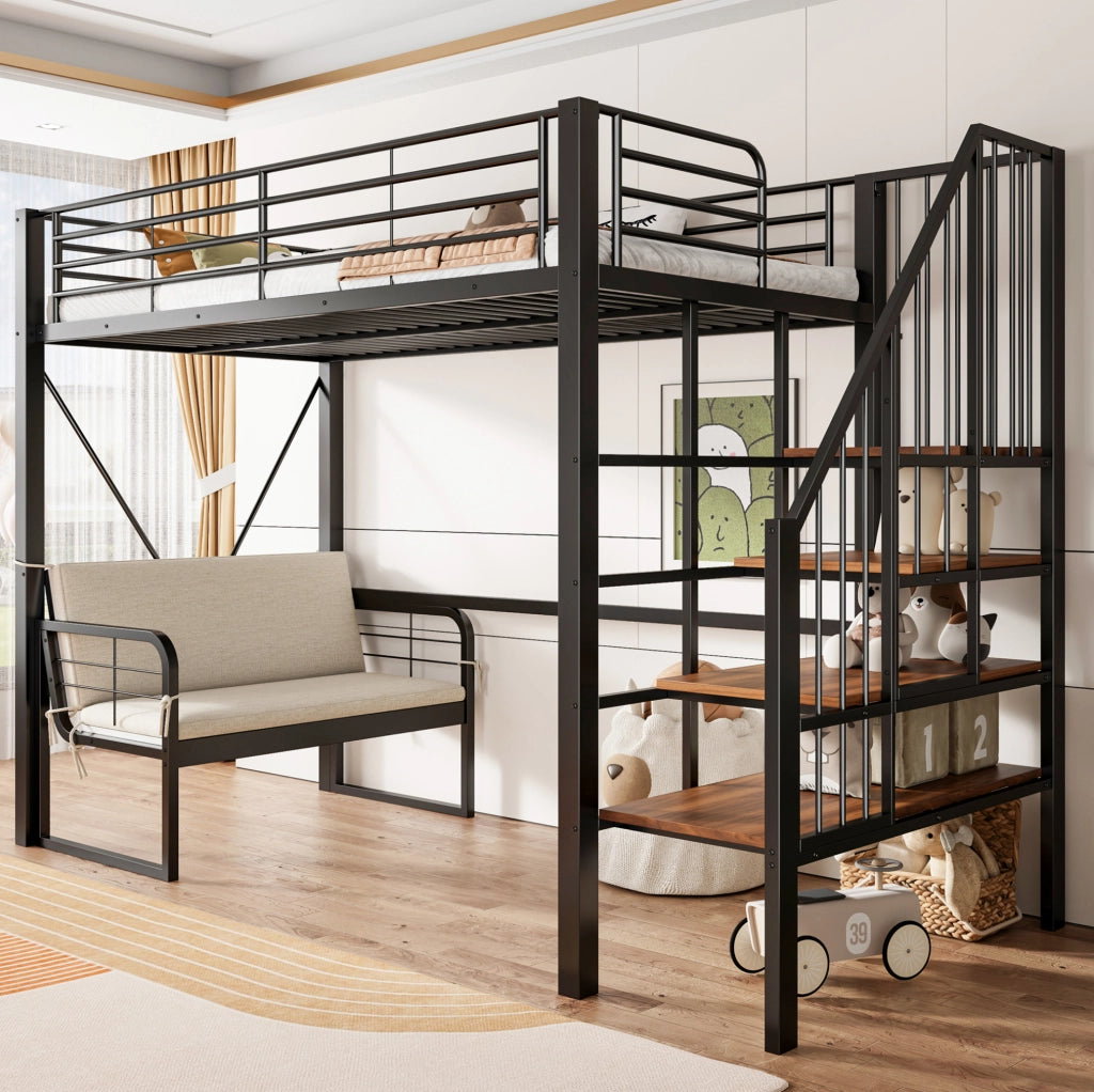 Letto a castello ULEVR 90x200 cm con scala contenitore e divano imbottito removibile, nero