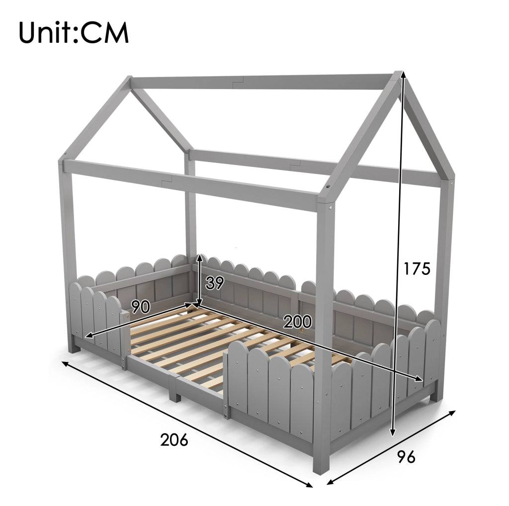 Letto a casetta per bambini 90x200 cm in legno grigio con sponde e rete a doghe