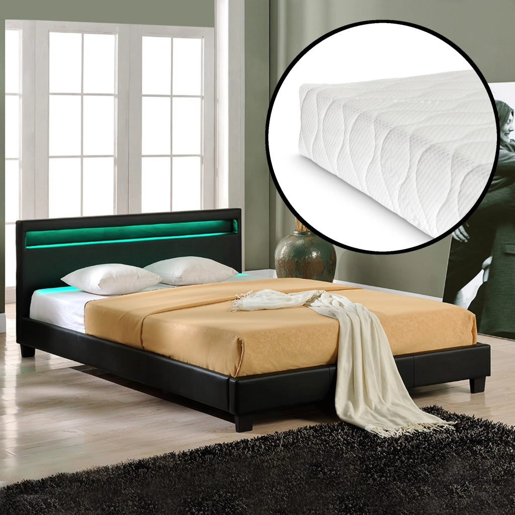 Letto Francese con Materasso 140x200 cm Testiera Alta con Illuminazione a LED Similpelle - Nero Corium