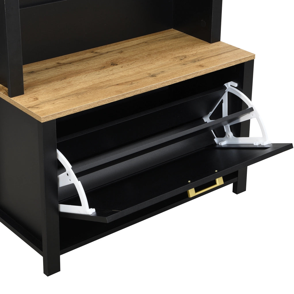 Mobile guardaroba da ingresso con ganci; vano scarpe e ripiano in MDF; 75 x 35 x 195 cm; legno e nero