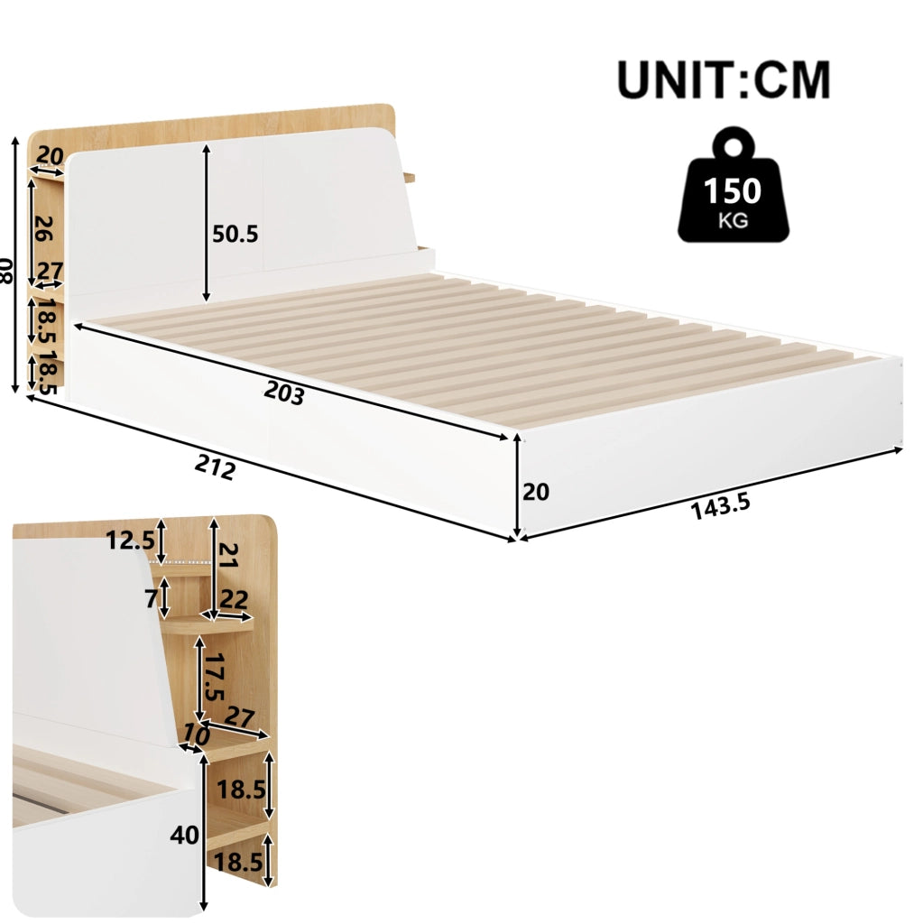 Letto matrimoniale 140x200 cm con contenitore idraulico; LED; USB e USB-C; bianco e naturale