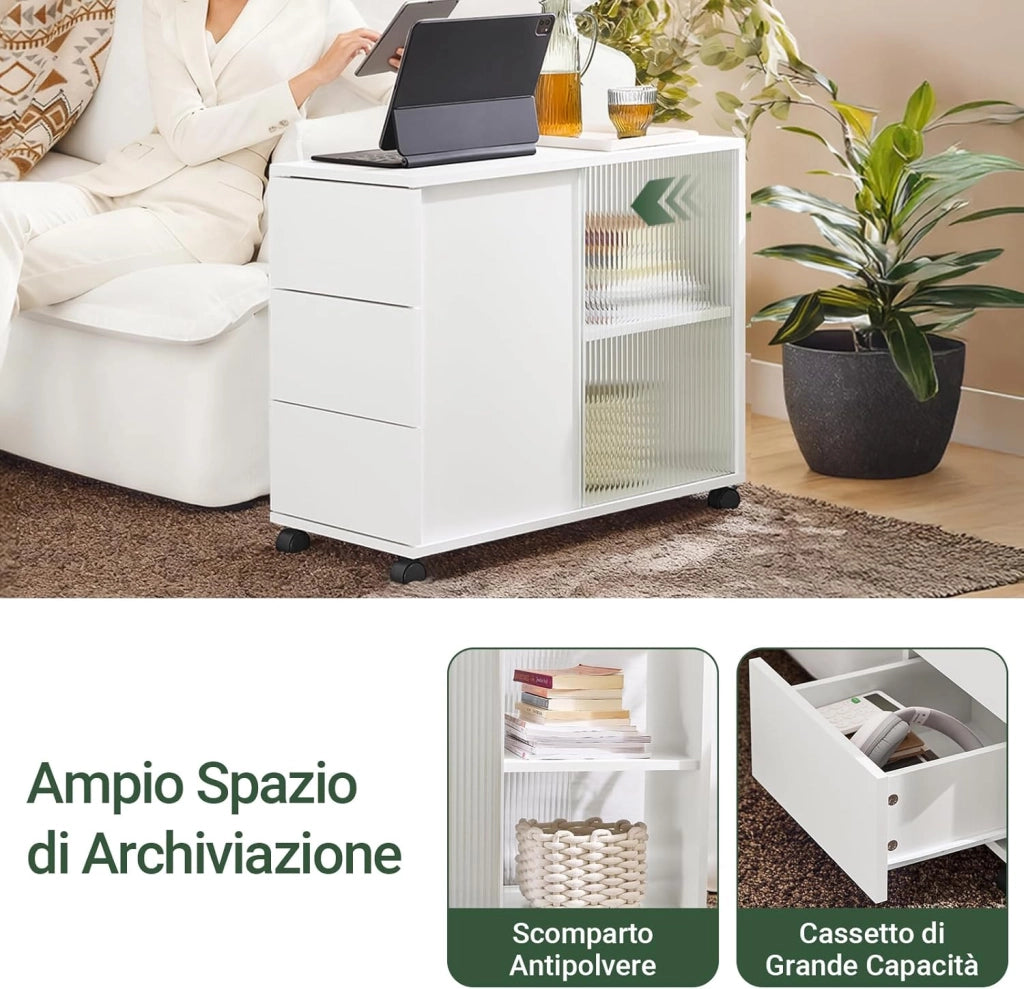 Mobiletto con Rotelle, Comodino con 3 Cassetti e 2 Ante a Vetro, Tavolino Moderno Multifunzione per Soggiorno, Camera da Letto, Bianco 70x35x61 cm FBT141-W