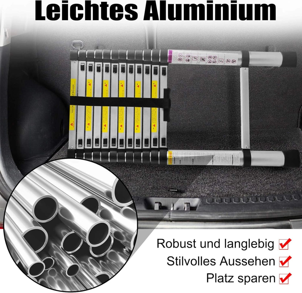 Scala telescopica da 2,6 m, in alluminio, allungabile, con 9 pioli, in alluminio, allungabile, per soffitti e magazzini, capacità di carico 150 kg, colore: argento