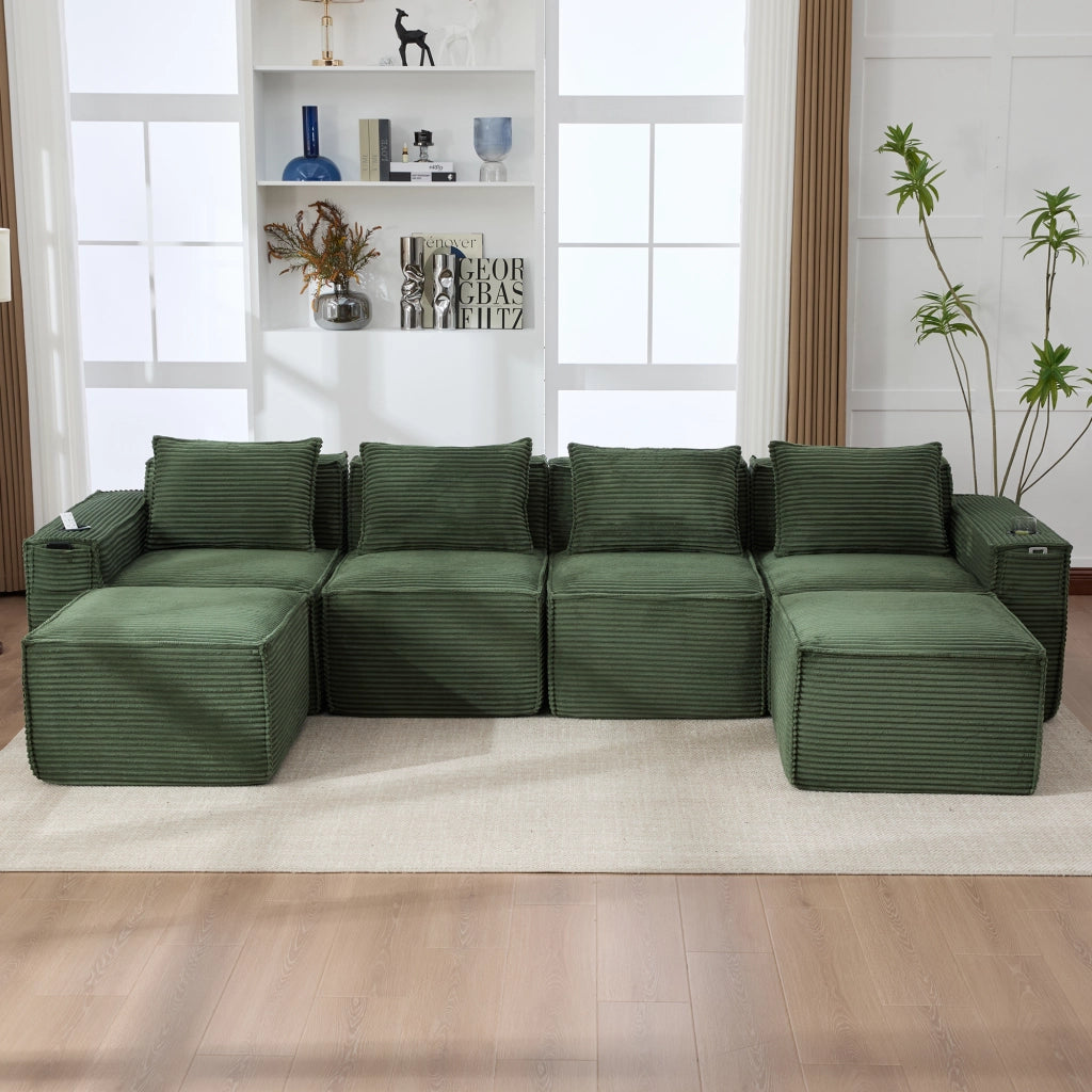 Divano modulare 4 posti con portabicchieri e tasche laterali in tessuto a coste verde 330 × 162 × 75 cm