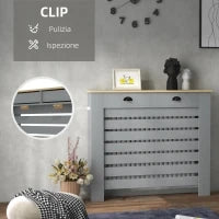 Copritermosifone in MDF a Doghe, Copricalorifero a Griglia con 2 Cassetti, 111x19x95.5 cm, Grigio