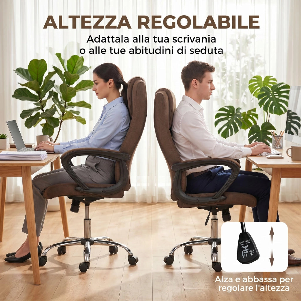 Sedia da Ufficio Ergonomica 62x76x110-119 cm Reclinabile e Girevole con Poggiatesta in Tessuto Effetto Lino Marrone
