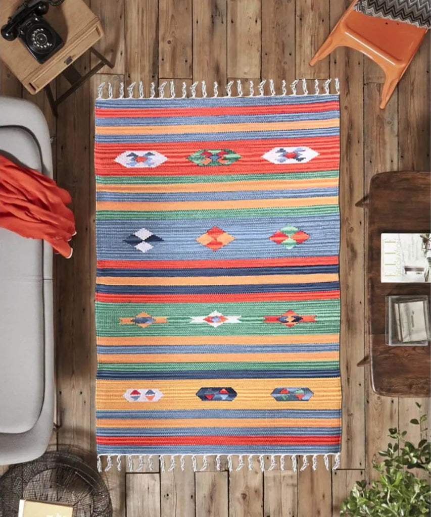 Tappeto KELIM 05 disegni etnici orientali colori vivaci cm.140x200 tessuto e frangia 100% cotone, lavabile in lavatrice